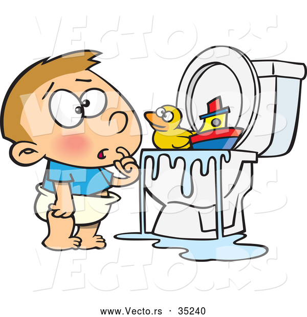 Vector of a Confused Cartoon Boy Looking at His Toys Floating on Overflowing Water in a Clogged Toilet
