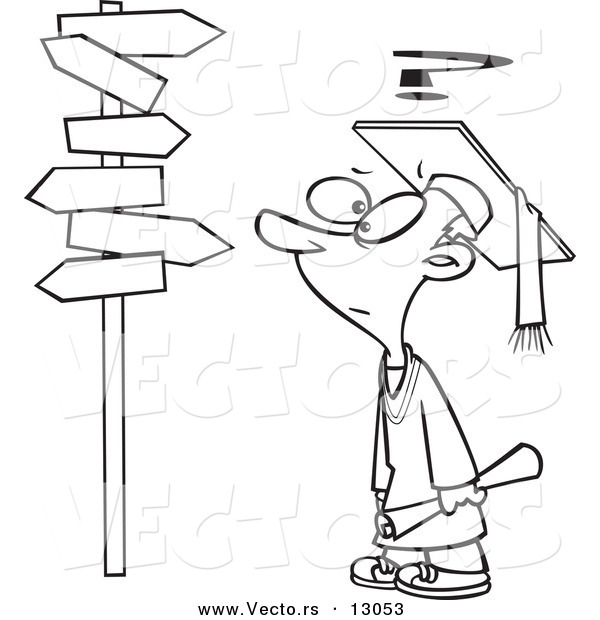 Vector of a Confused Cartoon Graduate Boy Looking at Post with 6 Directional Signs - Coloring Page Outline Version