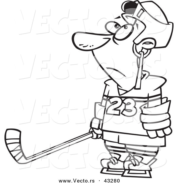 Vector of a Confused Cartoon Hockey Player with a Puck Stuck in His Helmet - Coloring Page Outline