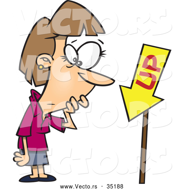 Vector of a Confused Cartoon Woman Looking at an up Sign That Is Pointing down