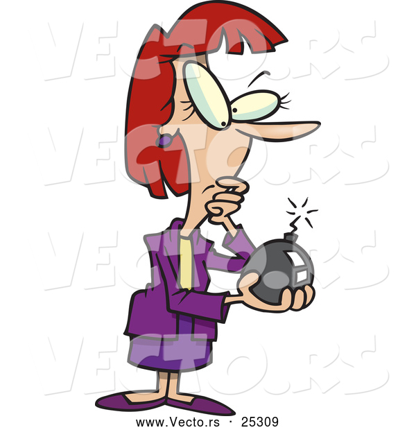 Vector of a Contemplating Cartoon Businesswoman Holding a Lit Bomb