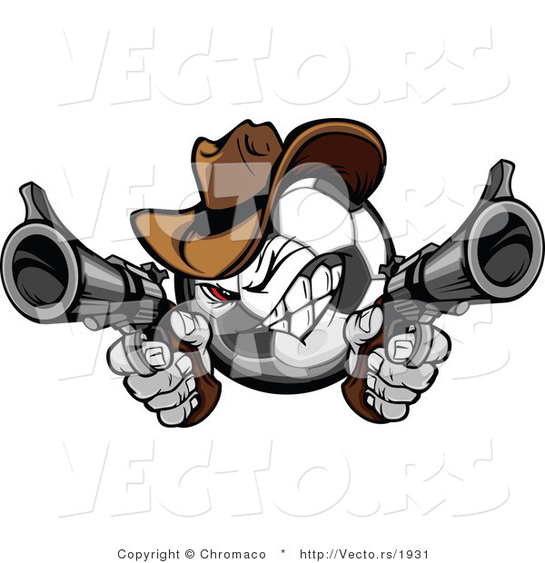 Vector of a Cowboy Soccer Ball Cartoon Mascot Aiming Two Guns