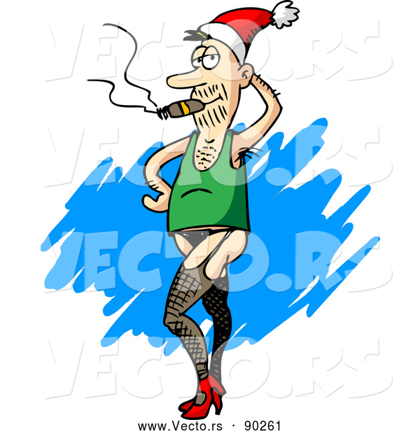 Vector of a Crossdressing Cartoon Man Smoking Cigar While Wearing Santa Hat