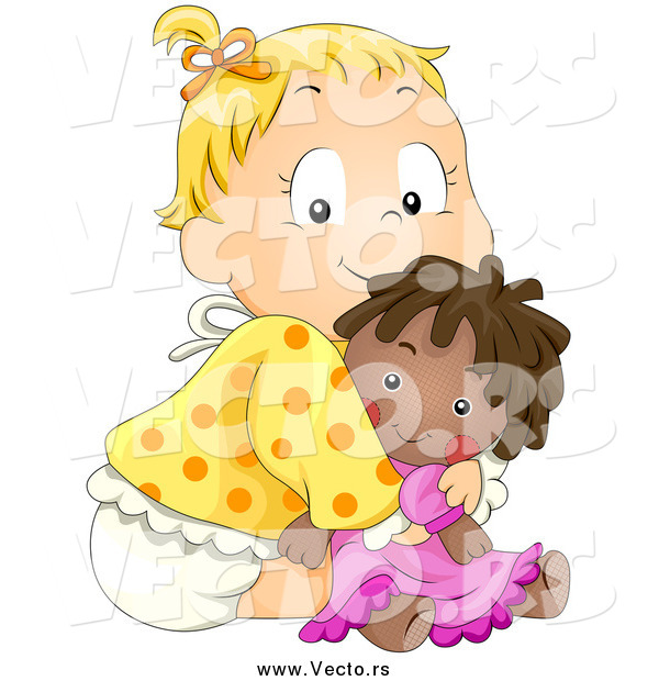 Vector of a Cute Blond White Baby Girl Hugging Her Doll