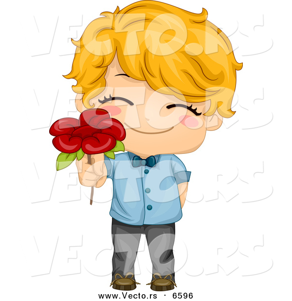 Vector of a Cute Caucasian Valentine Boy Giving a Red Flower
