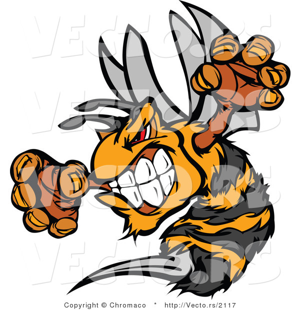 Vector of a Defensive Bee Mascot Flying Aggressively with Stinger out While Grinning and Staring with Intimidating Red Eyes