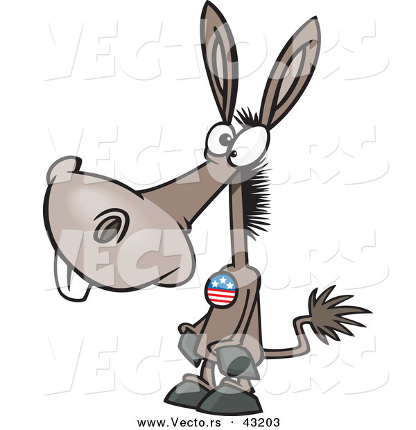 Vector of a Democratic Cartoon Donkey Wearing a Red, White, and Blue Button over His Chest