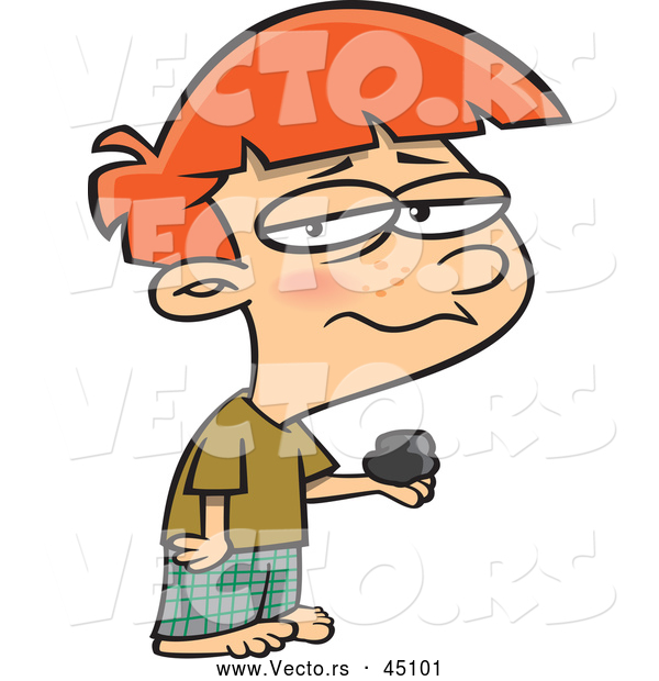 Vector of a Depressed Cartoon Boy Holding a Piece of Christmas Coal