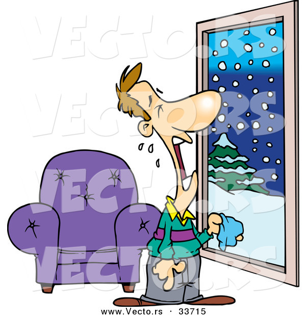 Vector of a Depressed Cartoon Man Crying While Standing in Front of a Window Overlooking Snowy Weather