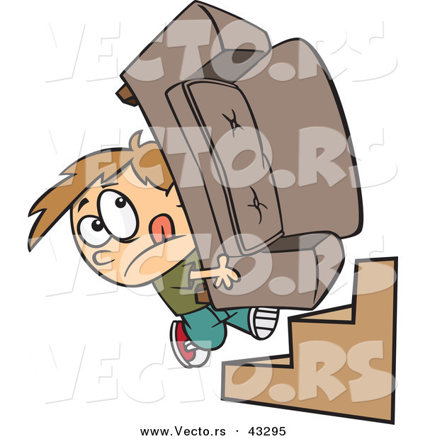 Vector of a Determined Cartoon Boy Moving a Couch up Stairs