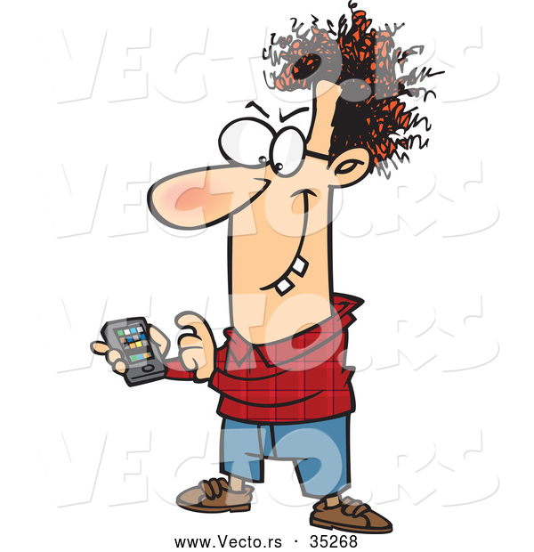 Vector of a Devious Cartoon Nerd Playing with a Handheld Gadget