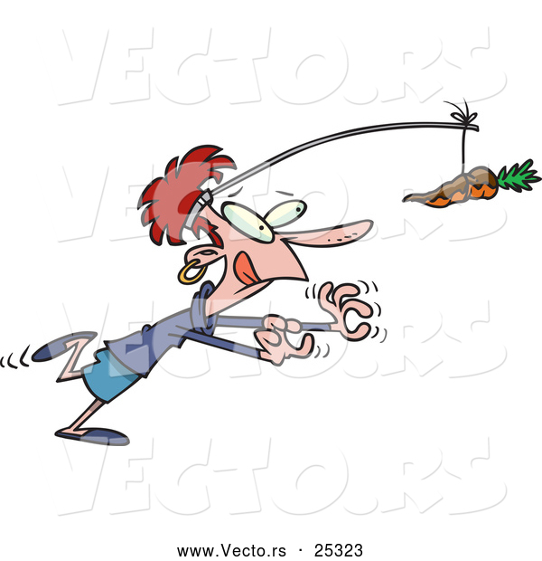Vector of a Dieting Cartoon Woman Running After a Chocolate Carrot on a Stick