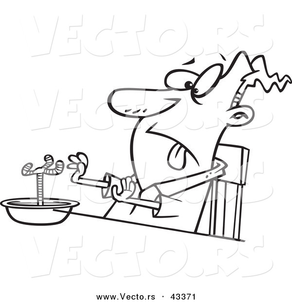 Vector of a Disgusted Cartoon Man with a Chicken Leg in a Soup Bowl - Coloring Page Outline
