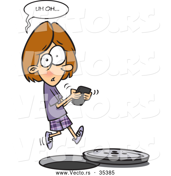 Vector of a Distracted Cartoon Girl Texting While Falling into a Uncovered Manhole