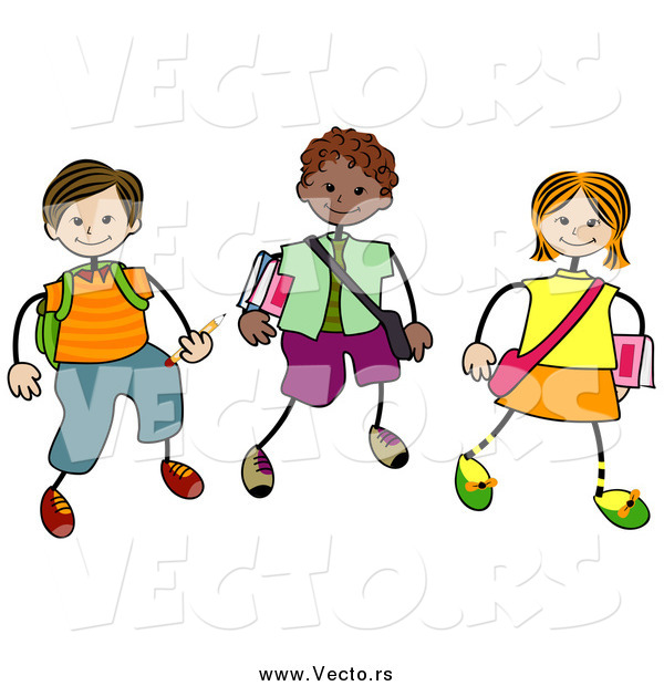 Vector of a Diverse Stick Boy and Girl Students Walking
