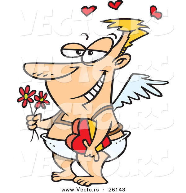 Vector of a Drunk Love Cartoon Cupid Man Holding a Box of Valentine Candy and Flowers