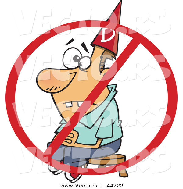 Vector of a Dunce Cartoon Man Sitting on a Stool Under a Red Restricted Symbol