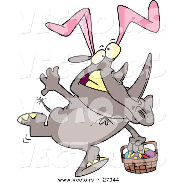 Vector of a Easter Cartoon Rhino Wearing Bunny Ears While Running with a Egg Basket