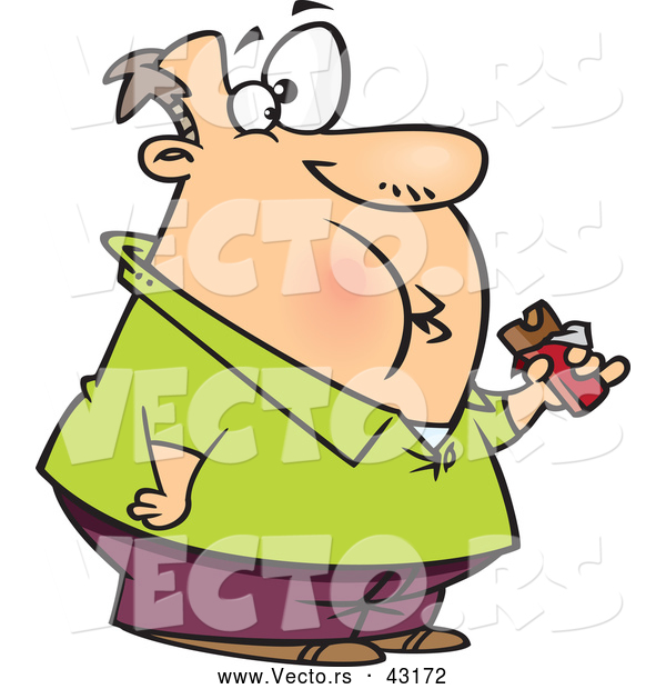 Vector of a Fat Cartoon Man Eating a Chocolate Candy Bar