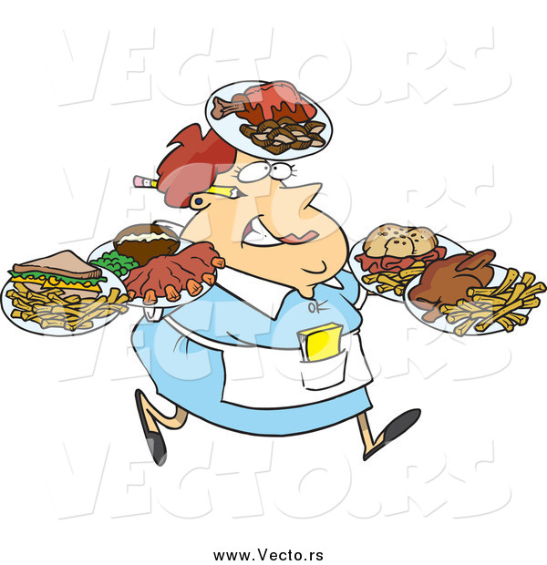 Vector of a Fat White Female Waitress Carrying Many Plates