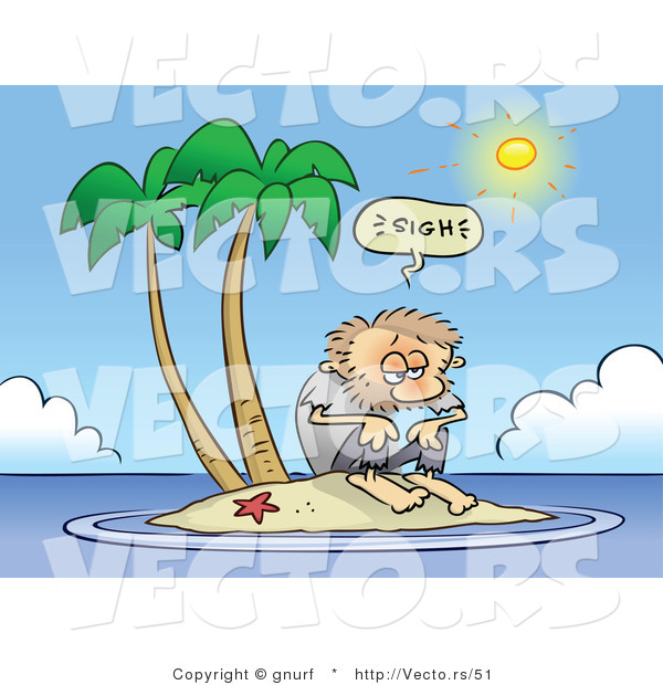 Vector of a Fatigued Cartoon Man Stranded on a Tiny Island on a Hot Summer Day