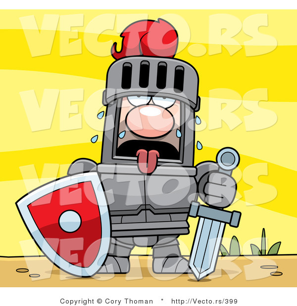 Vector of a Fatigued Knight Sweating in Armor While Holding Heavy Sword and Shield