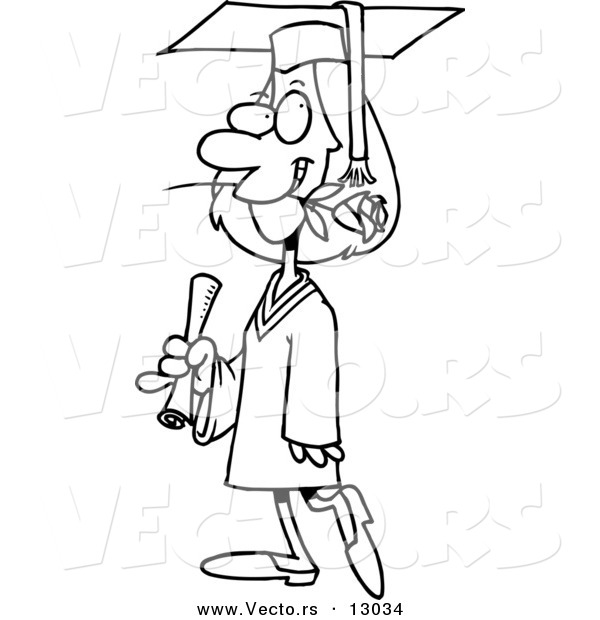 Vector of a Female Cartoon College Graduate Walking with a Rose in Her Mouth - Coloring Page Outline Version