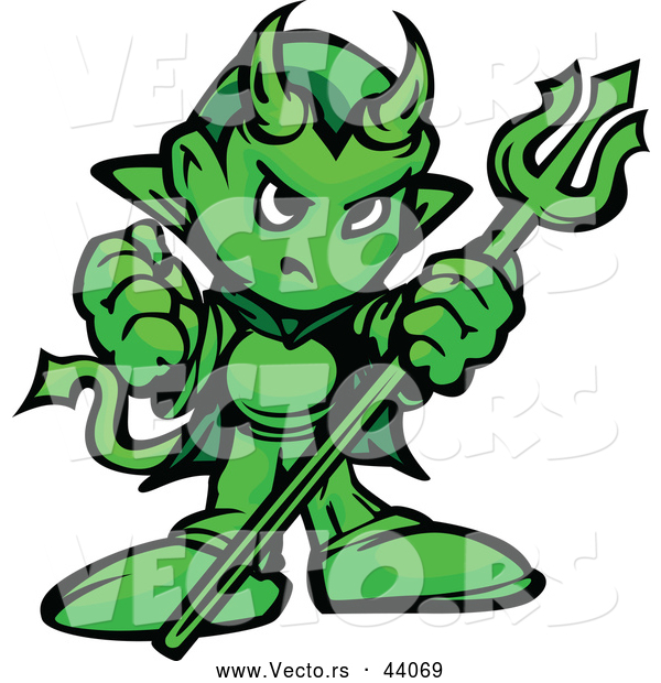 Vector of a Fierce Cartoon Green Devil with Hand Balled into a Fist While Holding a Trident