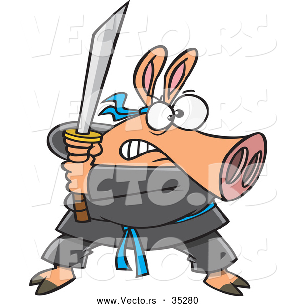Vector of a Fierce Cartoon Ninja Pig with Sword
