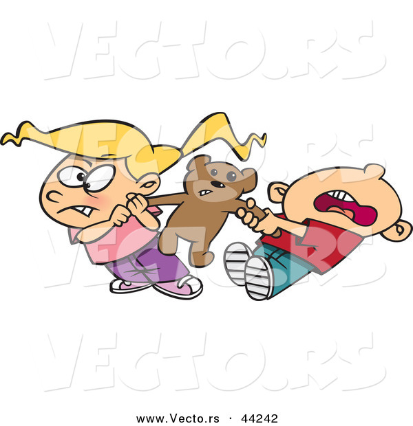 Vector of a Fighting Cartoon Boy and Girl Pulling on a Teddy Bear