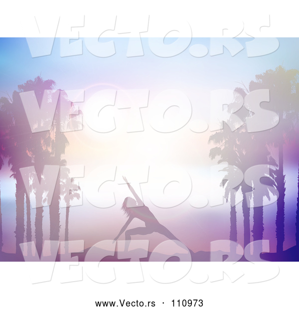Vector of a Fit Silhouetted Lady Doing Yoga Between Palm Trees Against a Sunset in Purple Tones