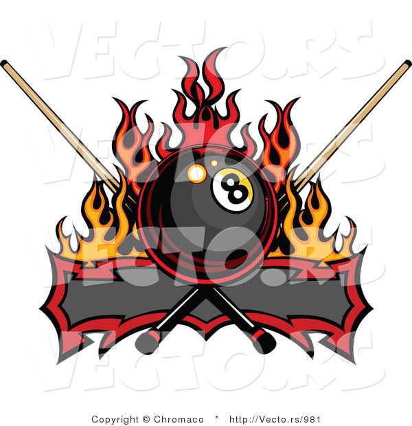 Vector of a Flaming Eight Ball Banner with Billiards Que Sticks