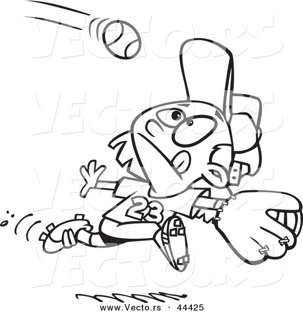 Vector of a Focused Cartoon Girl Running to Catch a Baseball - Coloring Page Outline