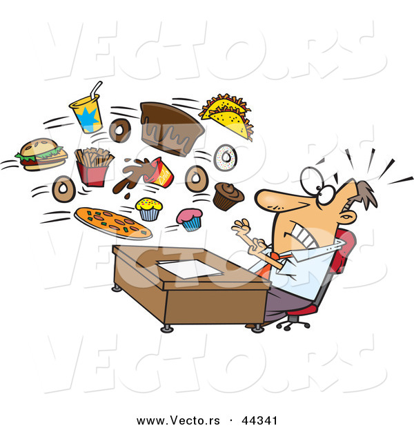 Vector of a Food Flying Towards Shocked Cartoon Businessman Sitting Behind His Office Desk