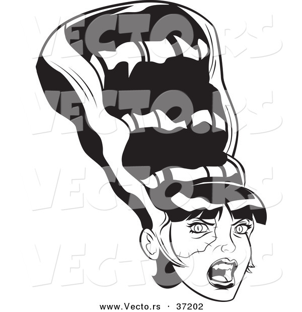 Vector of a Frankenstein Bride with Conical Hair Design - Black and White Line Art