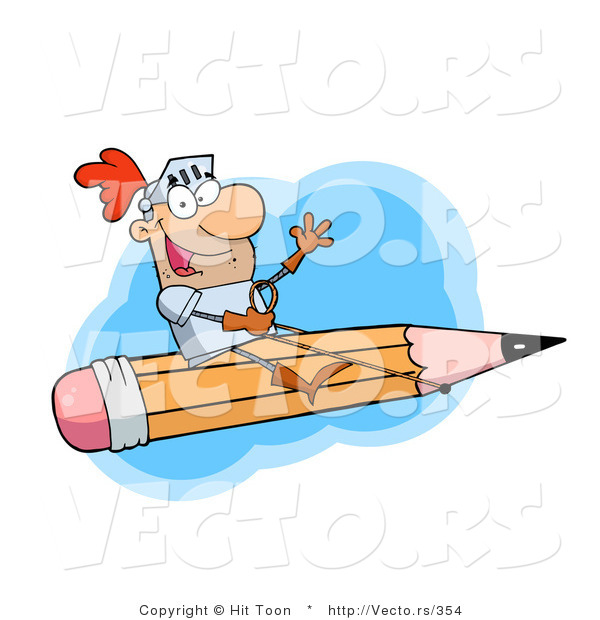 Vector of a Freelance Knight Flying in the Sky on a Giant Pencil