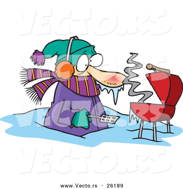 Vector of a Freezing Cold Cartoon Man Barbecuing in Deep Snow