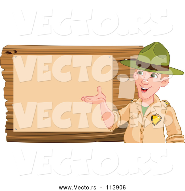 Vector of a Friendly Cartoon White Male Park Ranger Presenting Notices on a Board