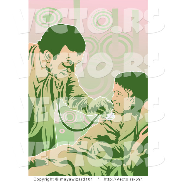 Vector of a Friendly Male Doctor Using Stethoscope on a Child