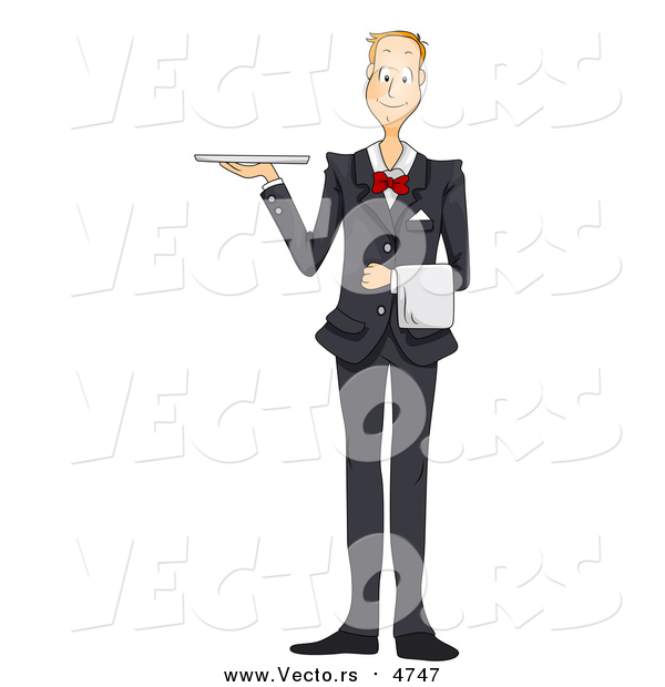 Vector of a Friendly Waiter Holding a Platter Tray