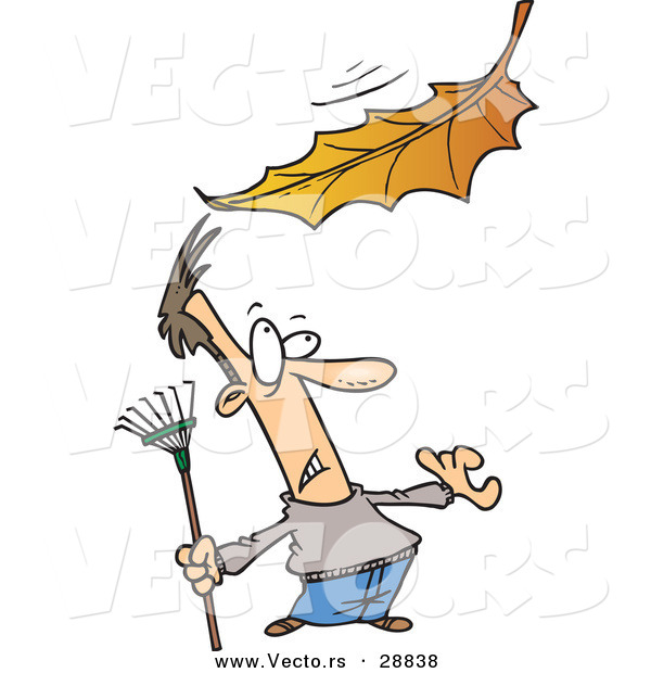 Vector of a Frightened Cartoon Man Watching a Giant Autumn Leaf Fall Towards Him
