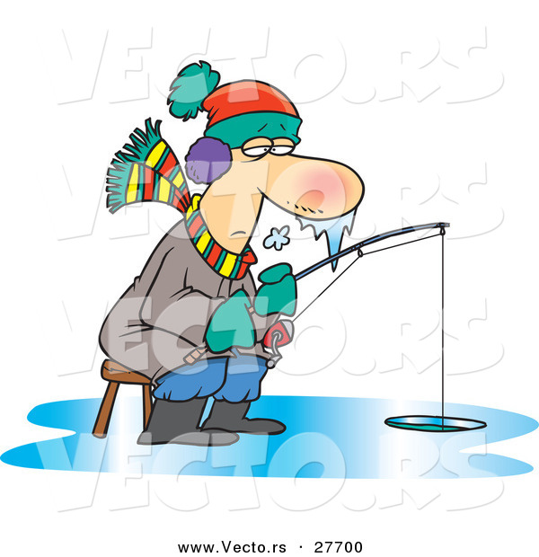 Vector of a Frozen Cartoon Man Fishing on Ice