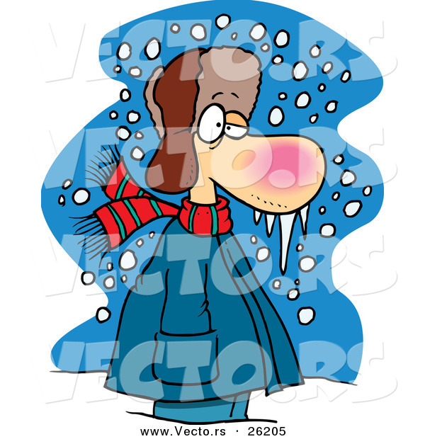 Vector of a Frozen Cartoon Man Standing Outside in Cold Snowy Weather