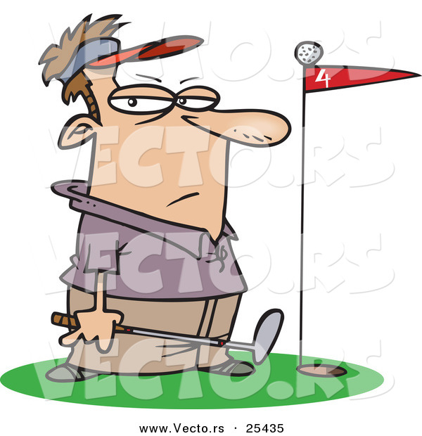 Vector of a Frustrated Cartoon Golfer's Ball Seated on a Red Flag Within the Hole