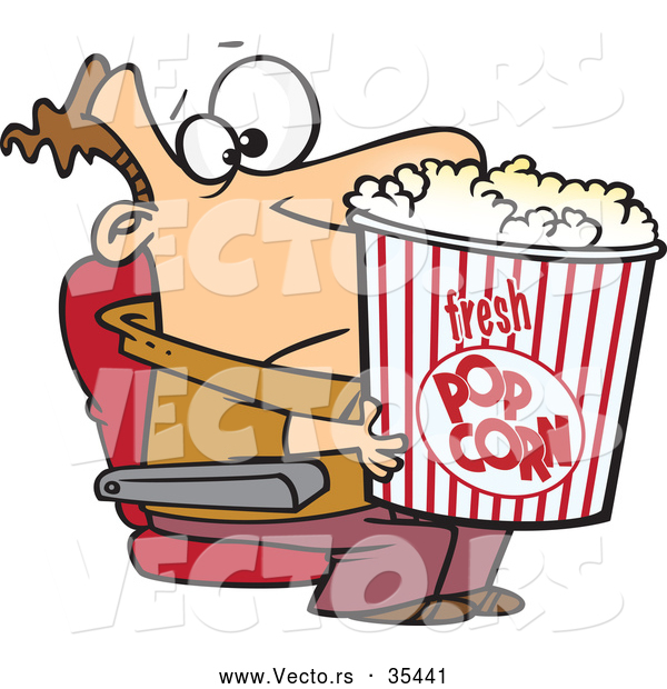 Vector of a Frustrated Cartoon Man Trying to Watch a Move over His Oversized Bucket of Popcorn at a Theatre