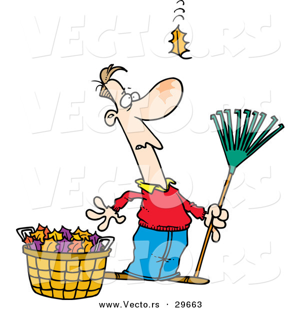 Vector of a Funny Cartoon Man Holding a Rake While Standing Beside a Bag of Leafs and Watching One More Leaf Fall Towards the Ground