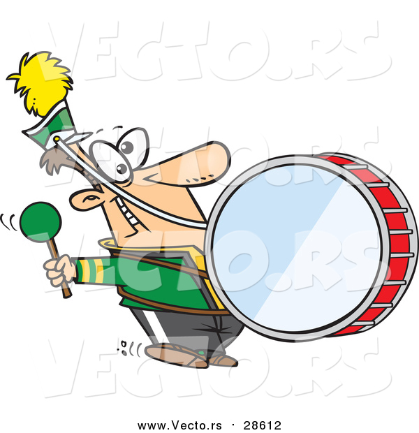 Vector of a Goofy Marching Band Drummer Man Banging a Drum - Cartoon Style
