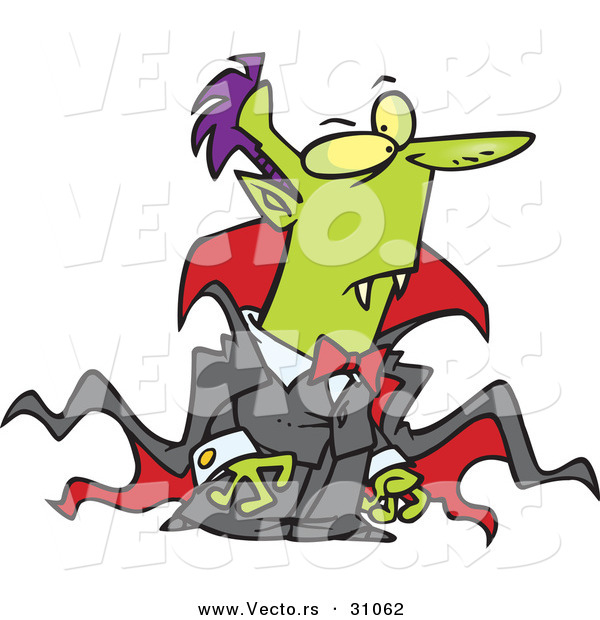 Vector of a Green Cartoon Vampire Wearing Long Black and Red Cape on Halloween