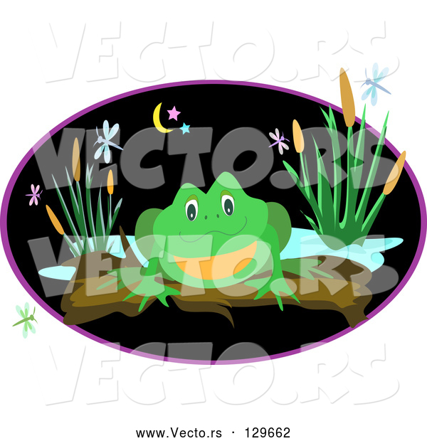 Vector of a Green Frog Perched on a Log near a Pond with Dragonflies and Plants at Night