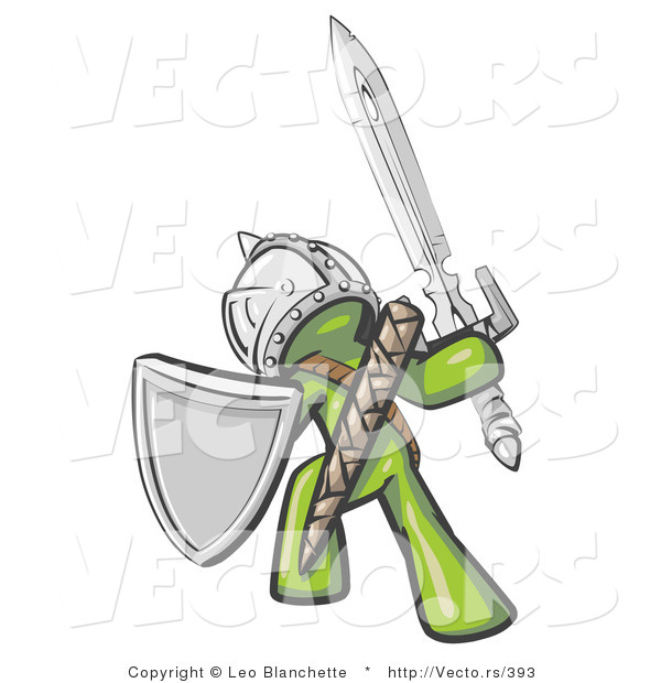 Vector of a Green Knight with Shield and Sword Standing in Battle Mode